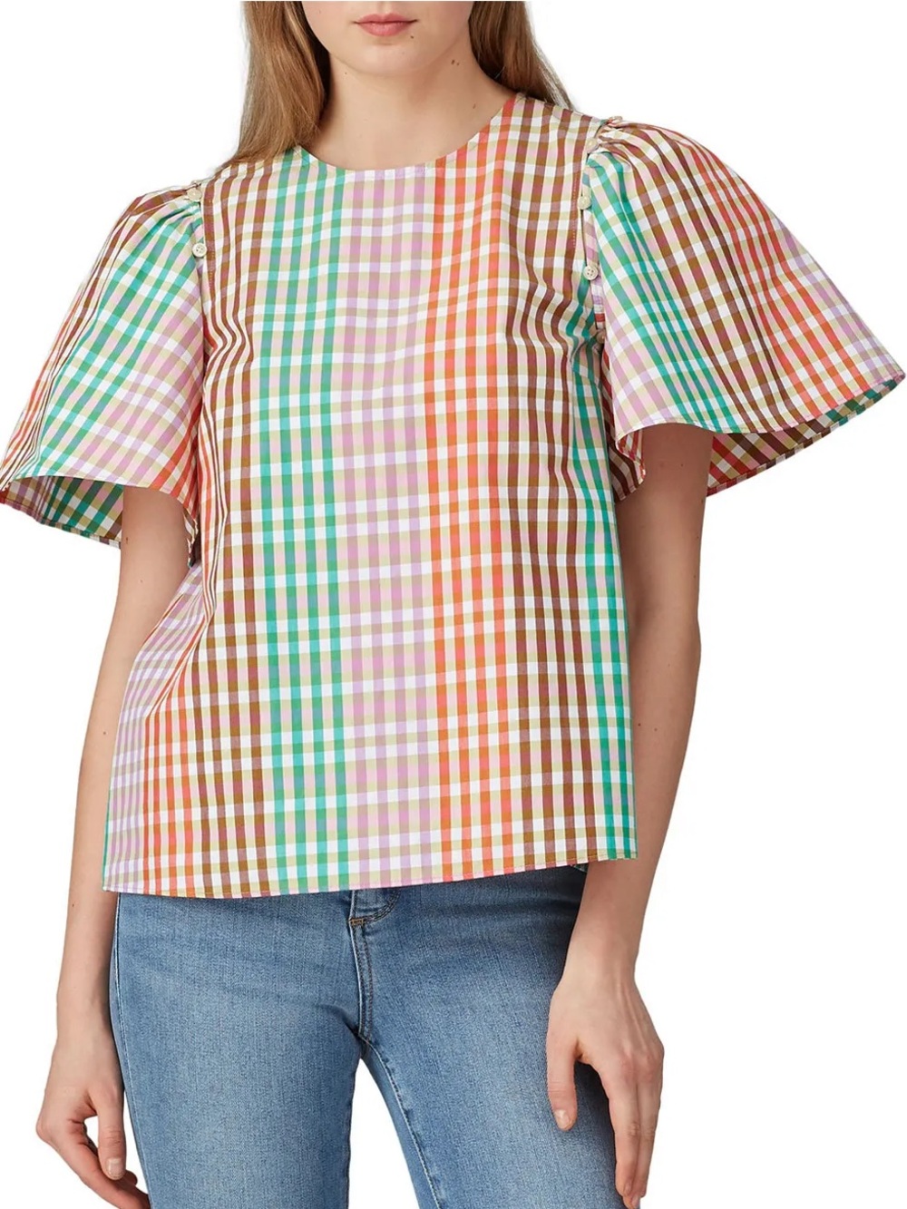 Kate Spade New York Women’s Multi Plaid Gingham Flutter Sleeve Blouse S Shirt